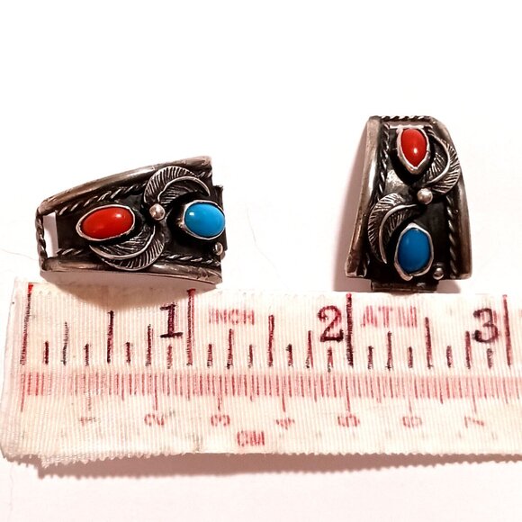 Vntg STERLING CORAL TURQUOISE Signed NAVAJO tips watch band (1281) - Picture 6 of 6